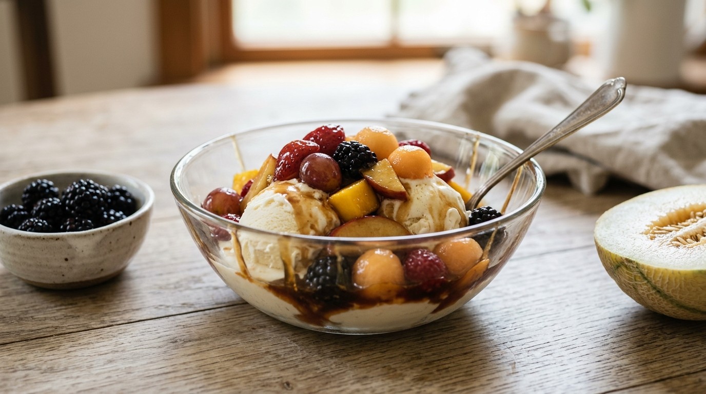 Ijs met gekarameliseerd fruit