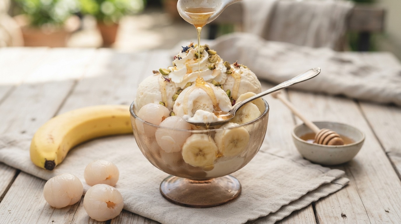 IJs met lychees, banaan en honing