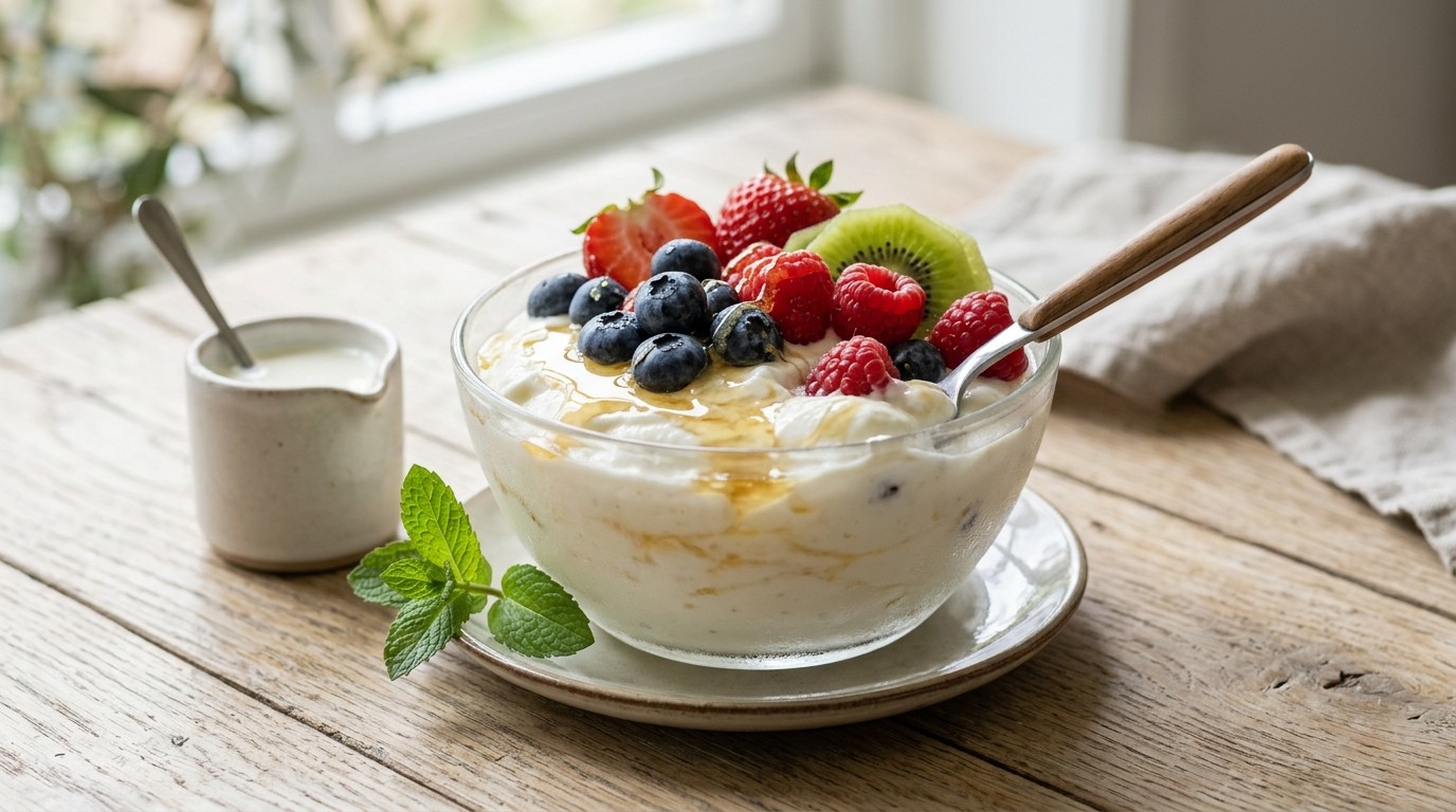 Ijskoude honingyoghurt met vers fruit
