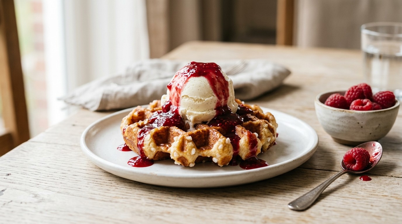 Ijswafel met Frambozensaus