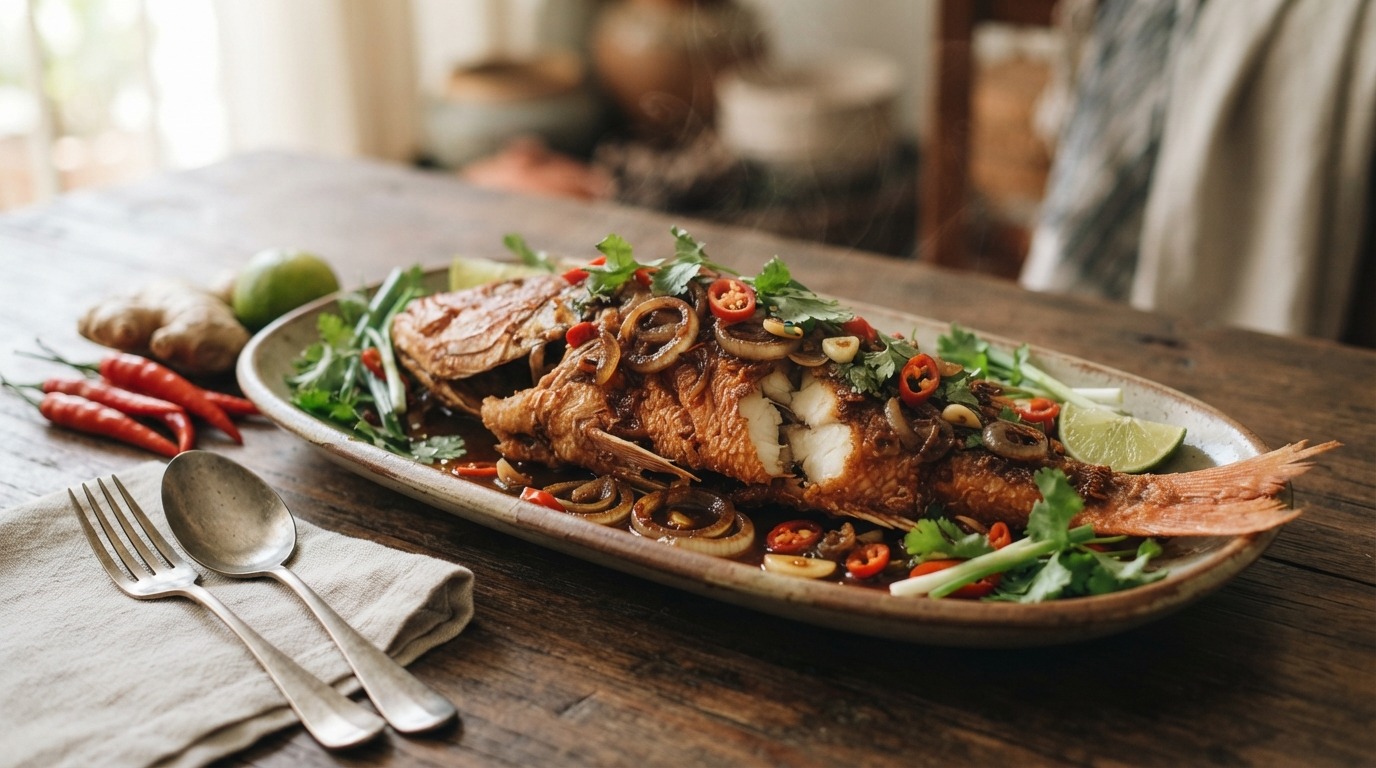 Ikan Cuka (Gebakken red snapper in pittige kruiden)
