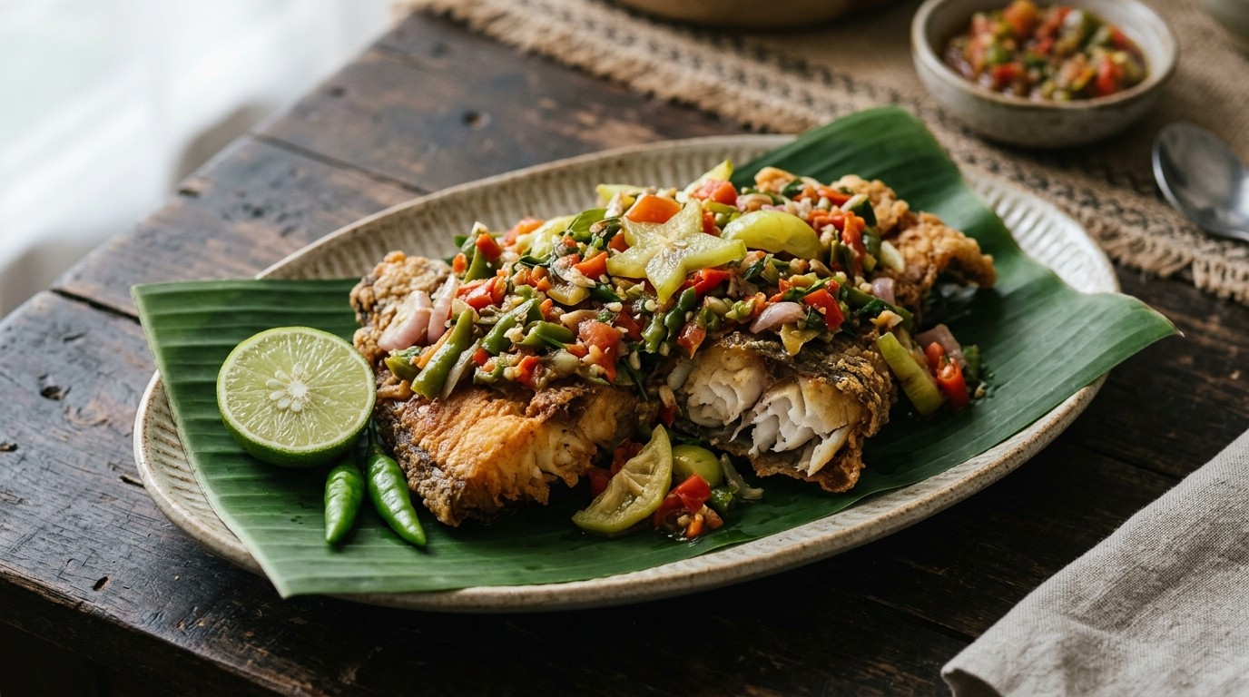 Ikan Lele Goreng (gebakken Zeewolf in Kruiden)