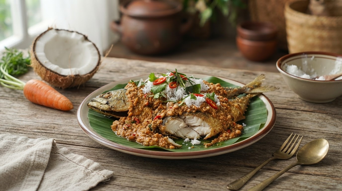 Ikan petjel (gebakken makreel met kokos)
