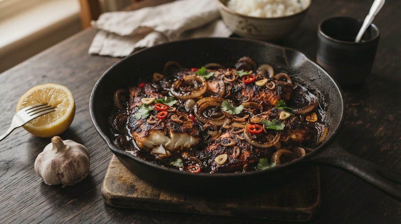 Ikan Smoor Djawa (pittig gekruide gebakken rode poon)