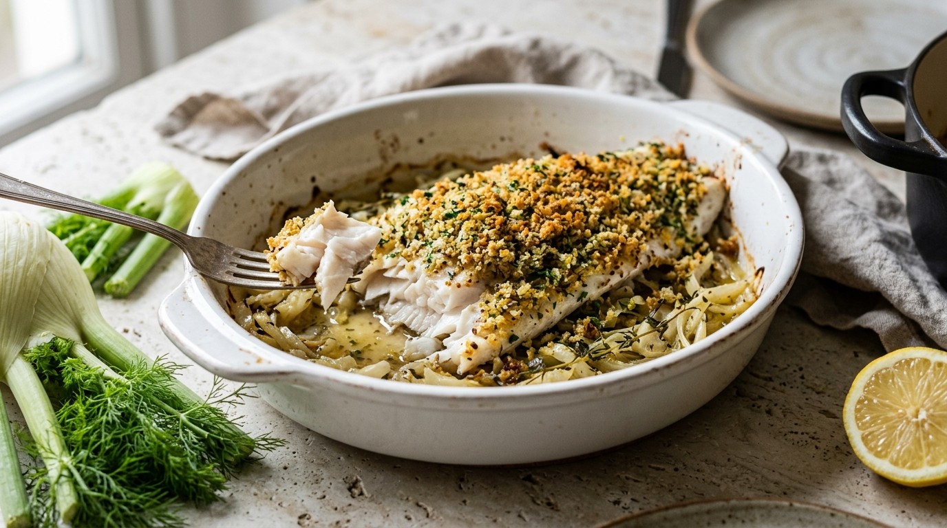 In de oven bereide zeebaars met broodkruim en mosterd