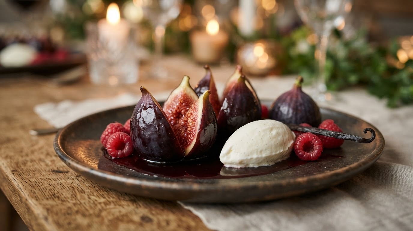 In rode wijn gepocheerde vijgen met vanillemascarpone