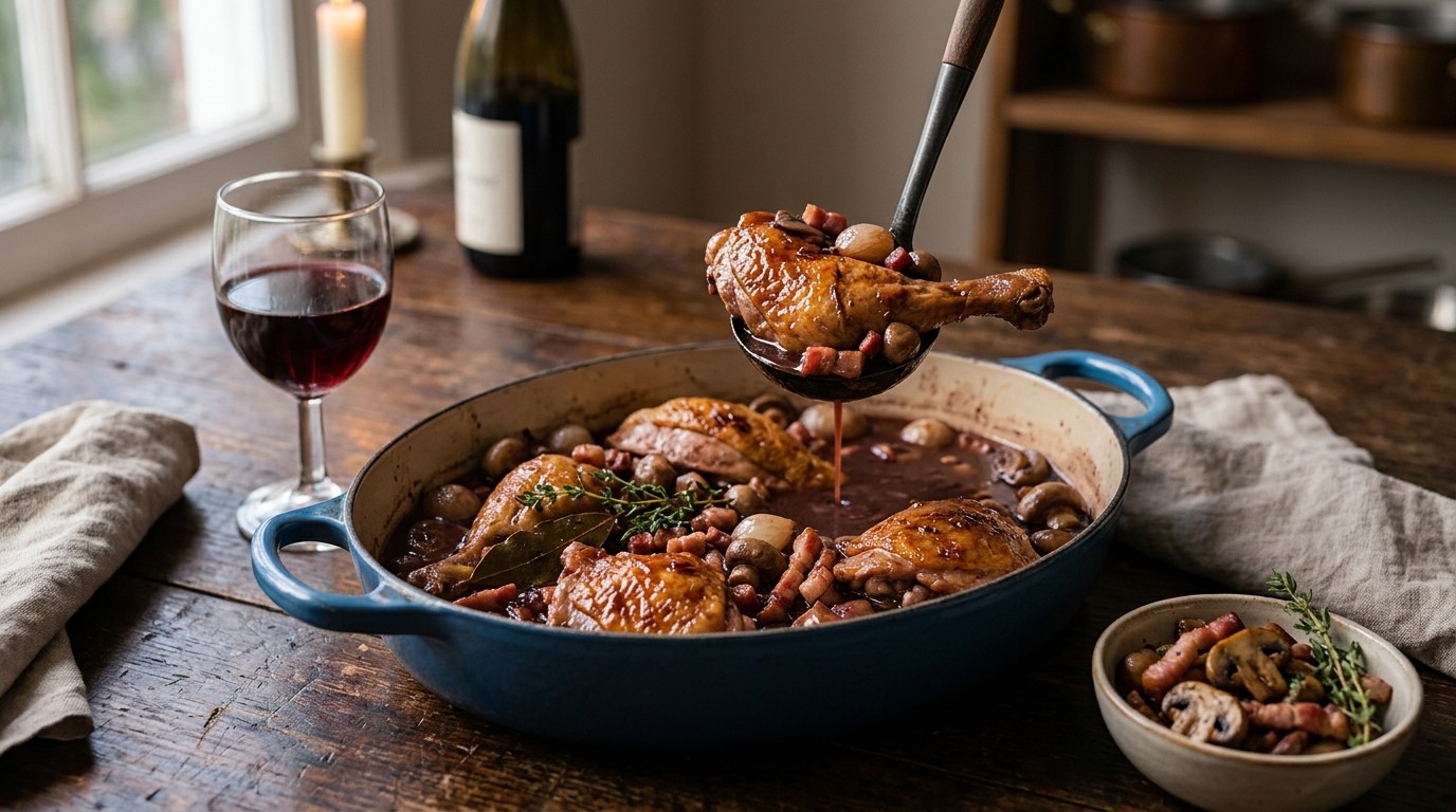 In wijn gestoofde kip (coq au vin)