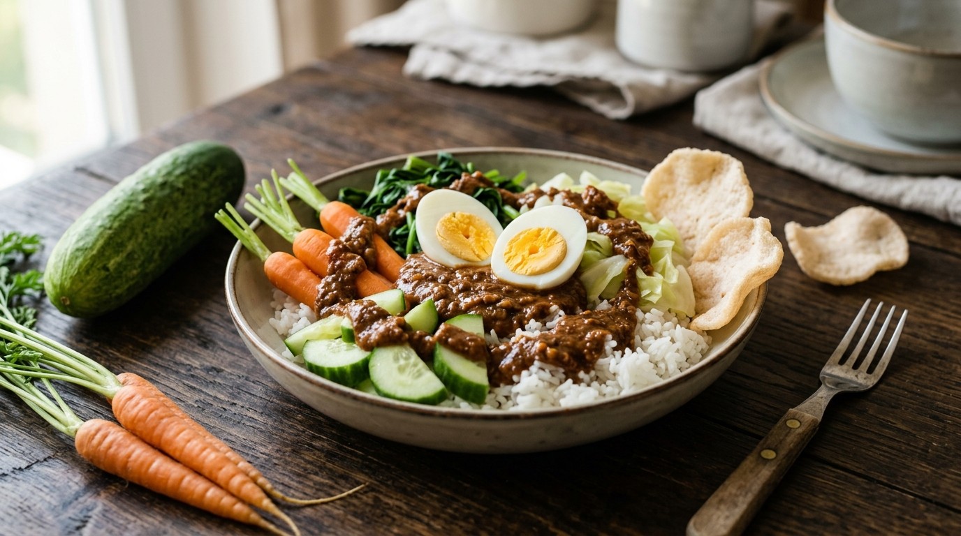 Indische Groenteschotel met ei en Pindasaus