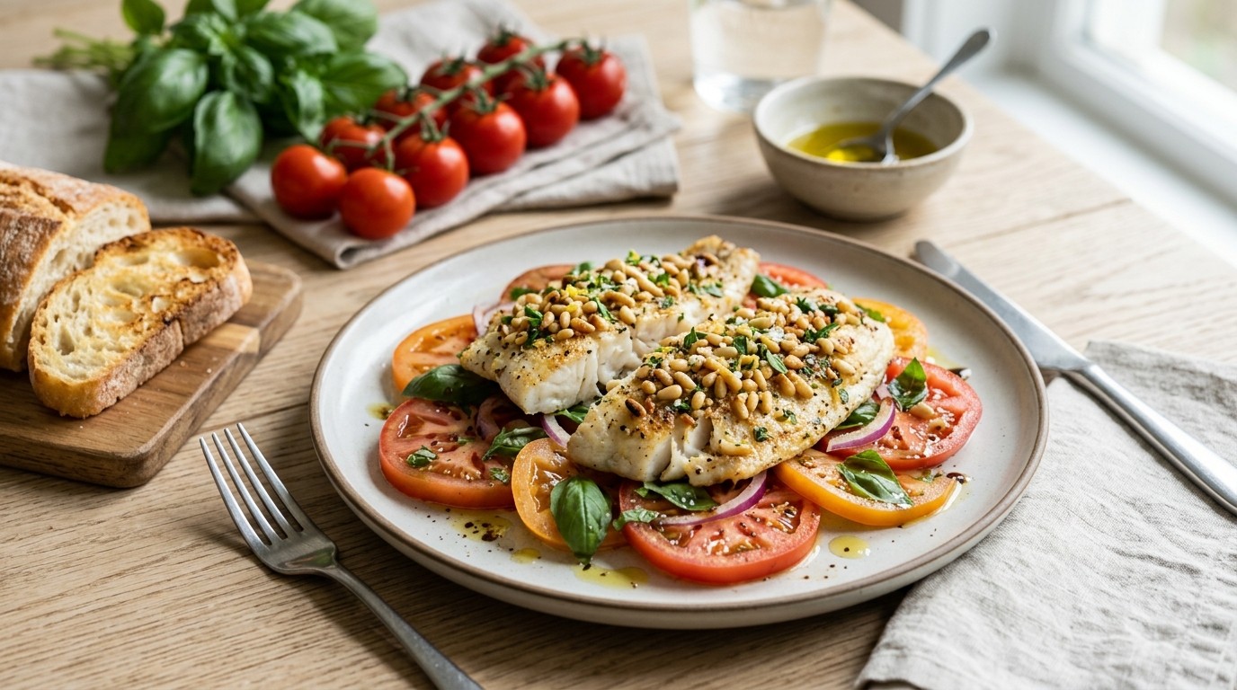 Italiaanse gegrilde tilapia op tomatensalade