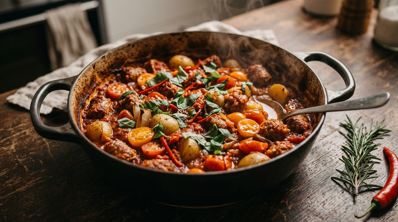 Jachtschotel met Kerstomaatjes, Basilicum en Worst