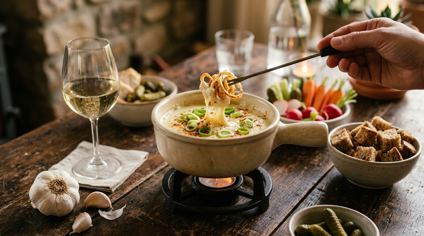 Kaasfondue met bosuitjesringen
