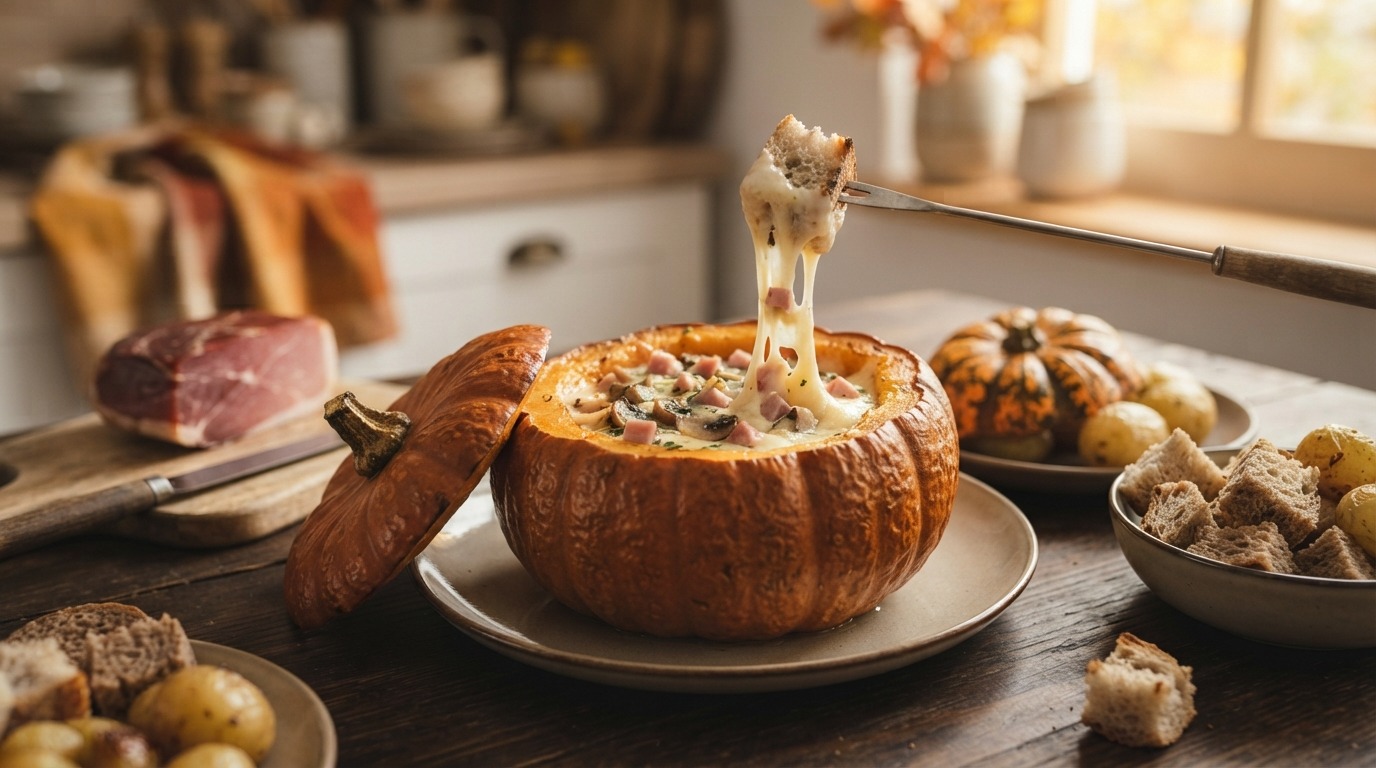 Kaasfondue uit de pompoen met ham