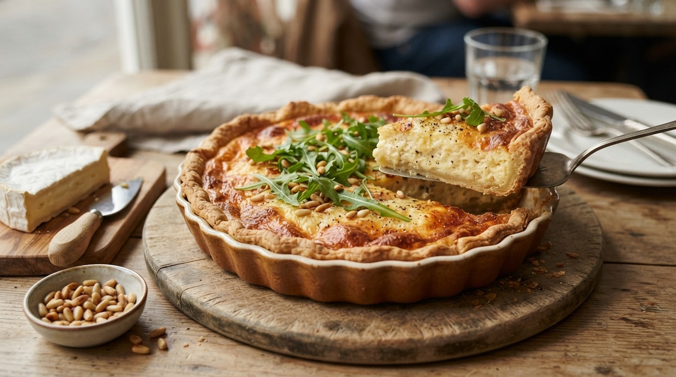 Kaasquiche van 4 kaassoorten met ruccola en pijnboompitten
