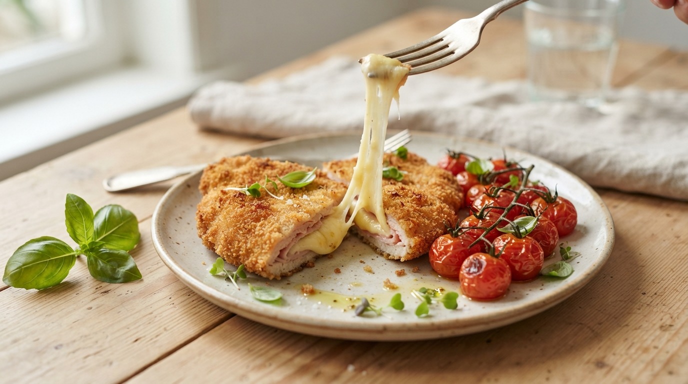 Kaasschnitzel met geroosterde tomaten