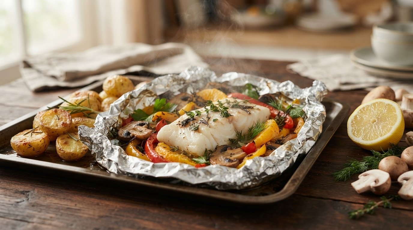 Kabeljauw met kruiden in folie uit de oven