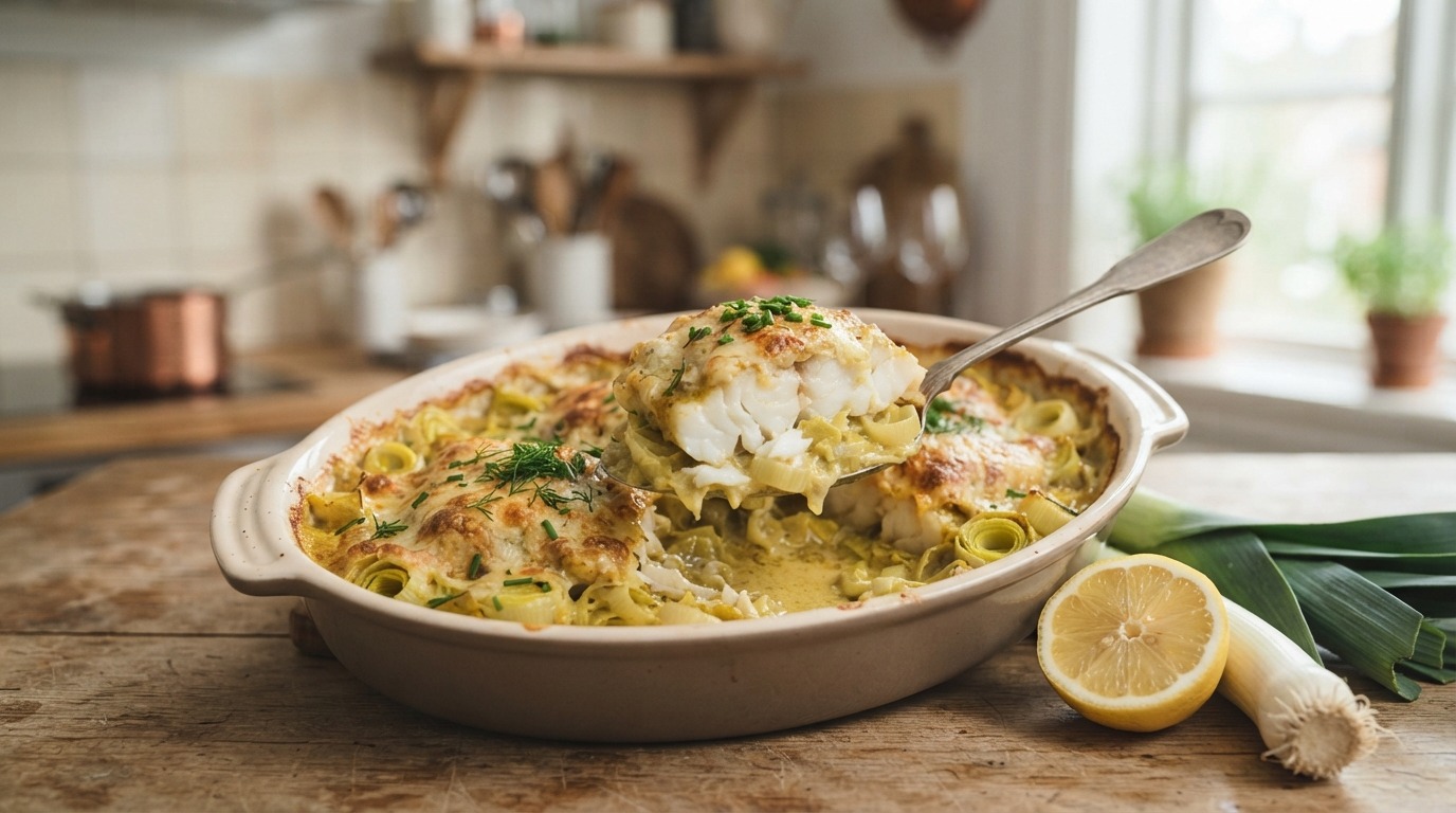 Kabeljauw met prei en kerrieroom uit de oven