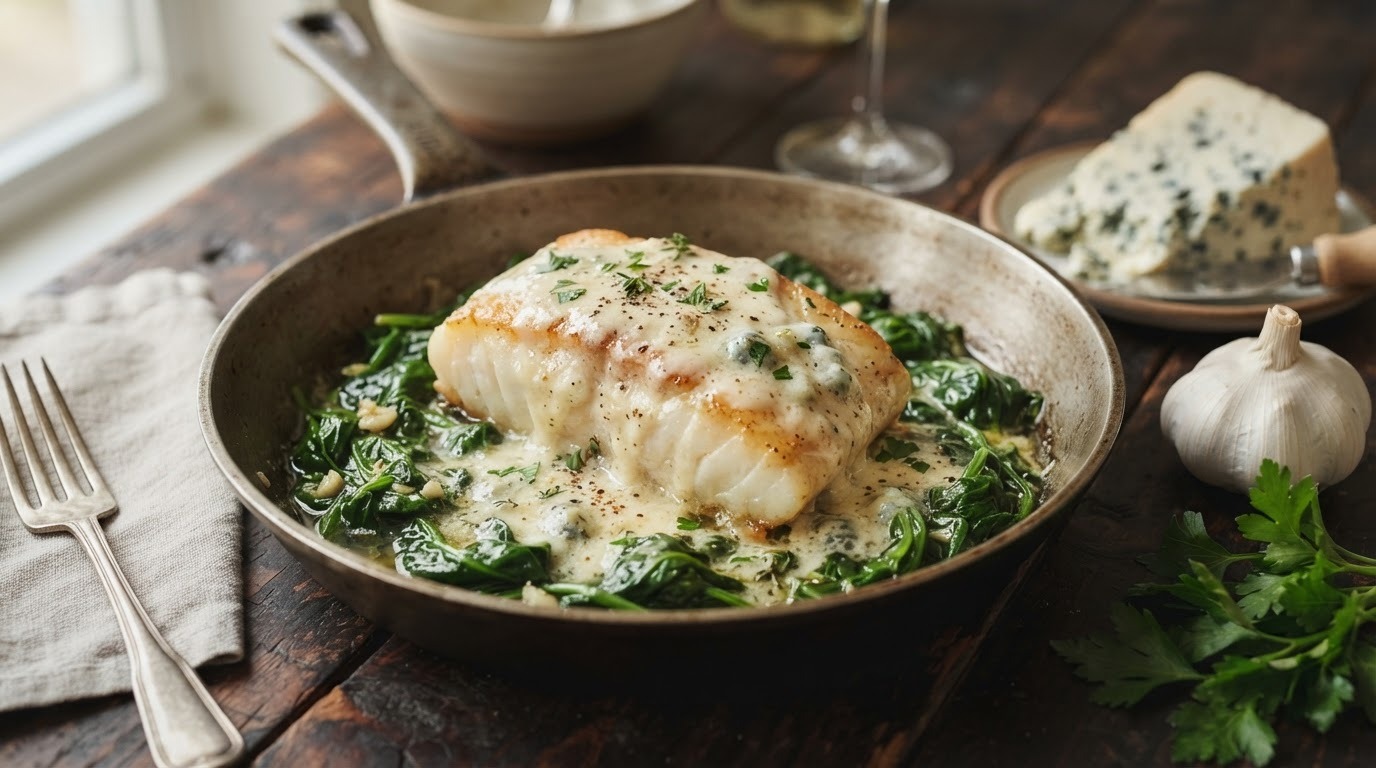 Kabeljauw met spinazie en gorgonzola