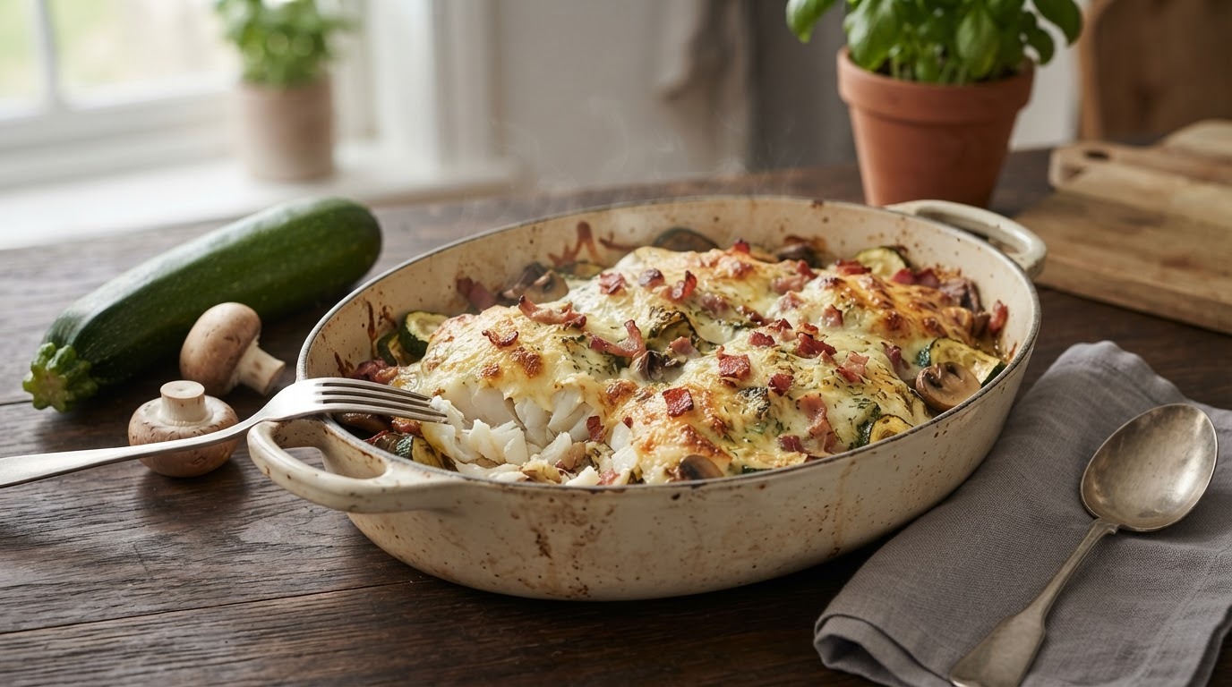 Kabeljauw uit de oven met courgette, spek en champignons