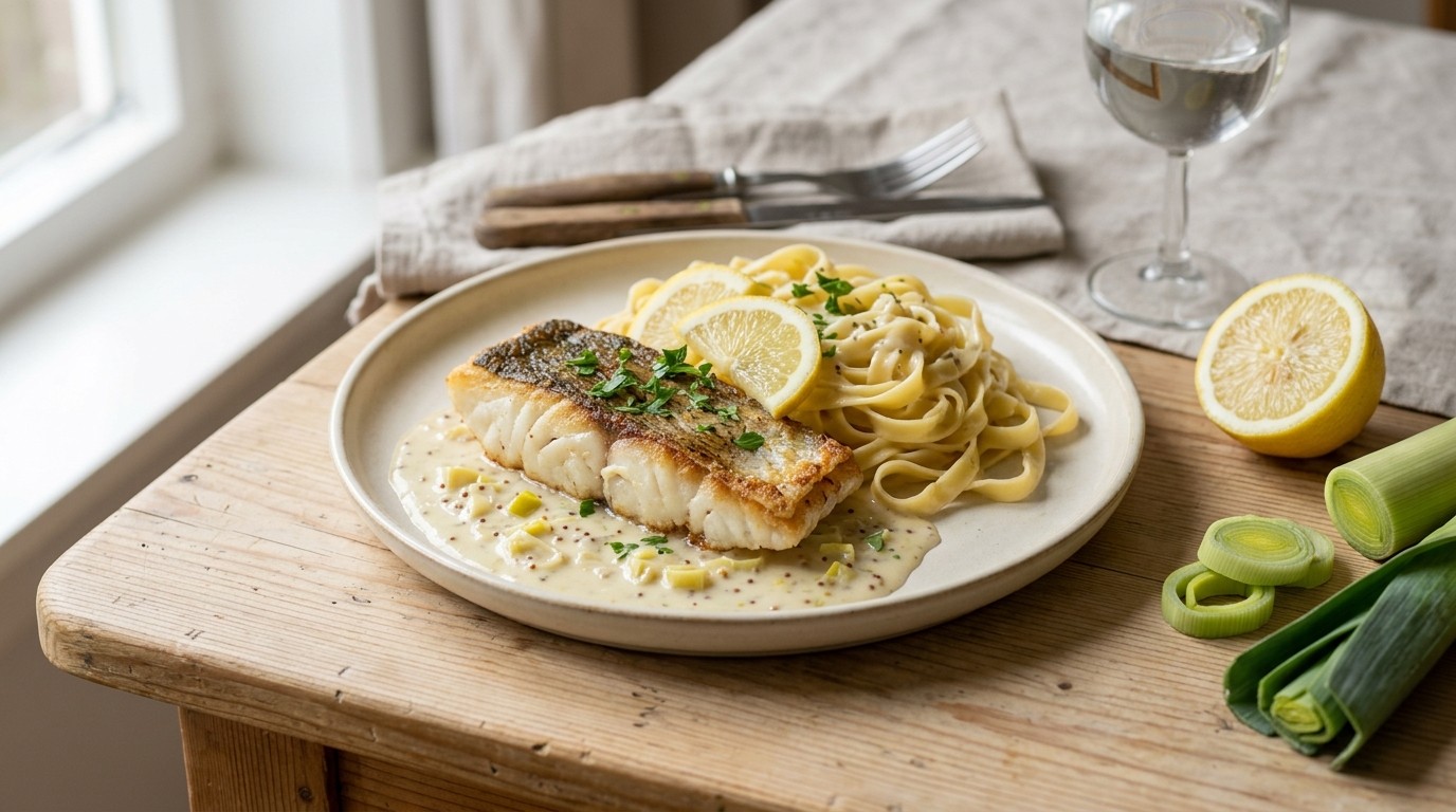 Kabeljauwfilet in Prei-mosterdsaus met Tagliatelle