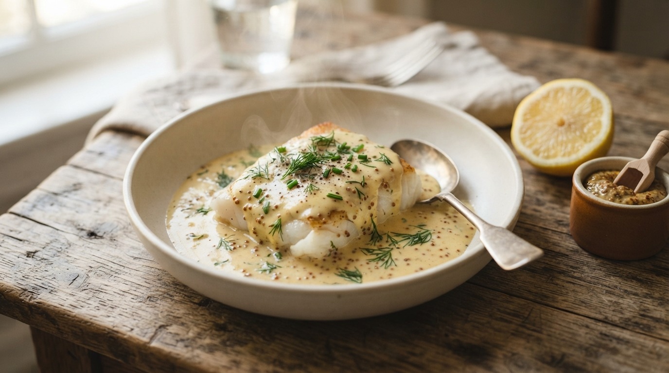 Kabeljauwfilet met mosterdsaus