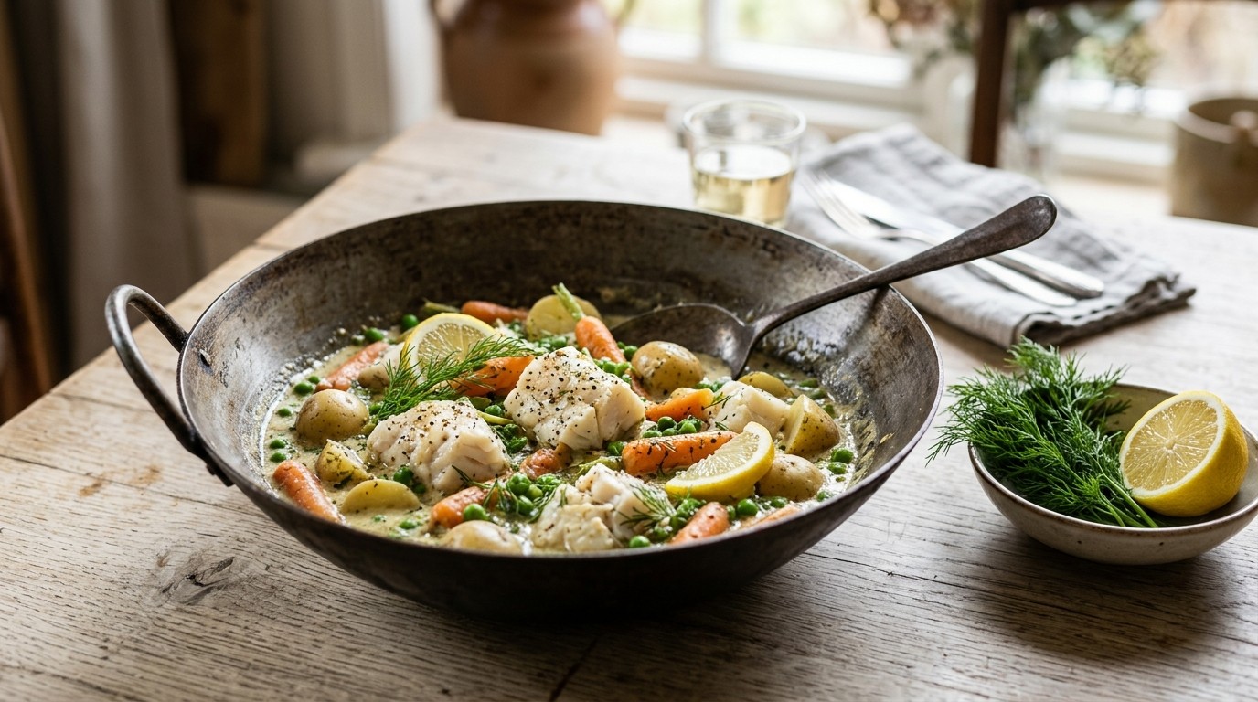 Kabeljauwpotje met witte wijn, mosterd en dille uit de wok