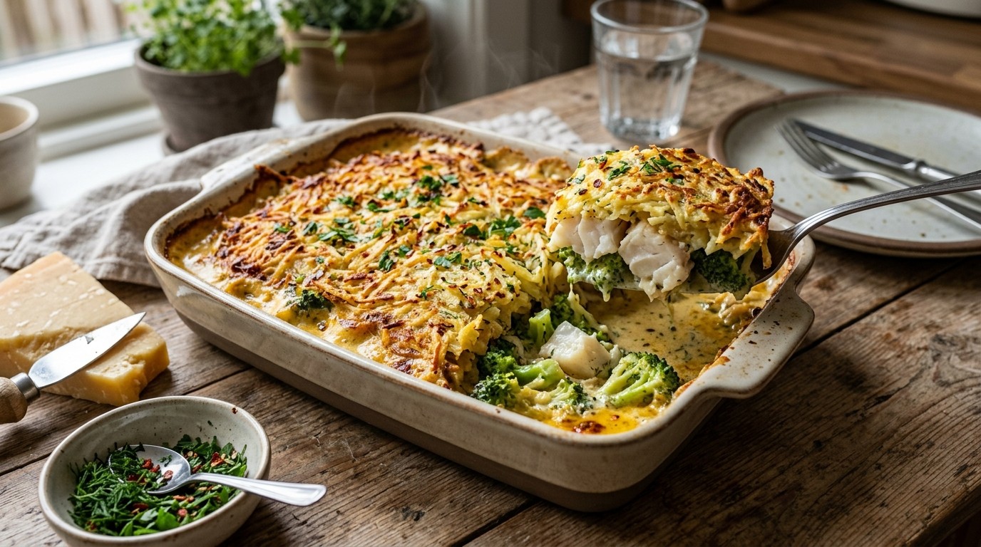 Kabeljauwschotel met broccoli en röstie
