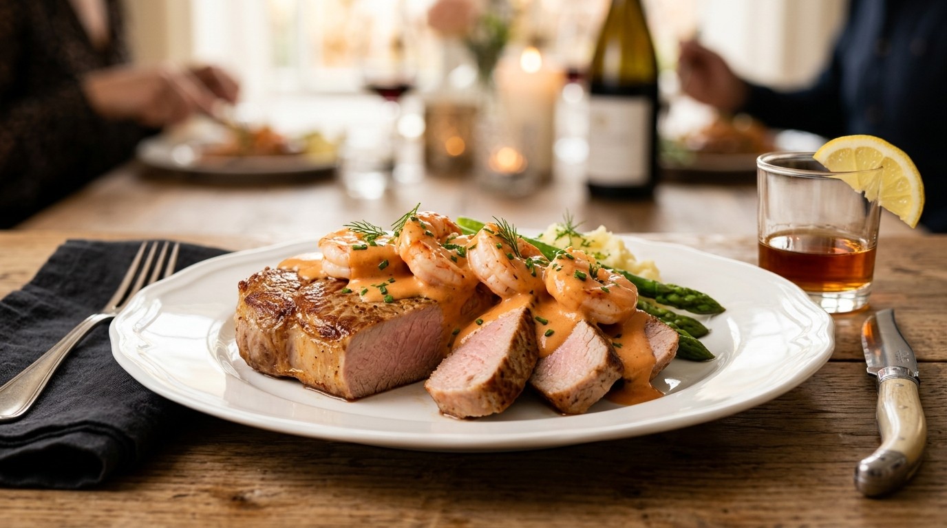 Kalfsentrecôte met garnalen en kreeftensaus