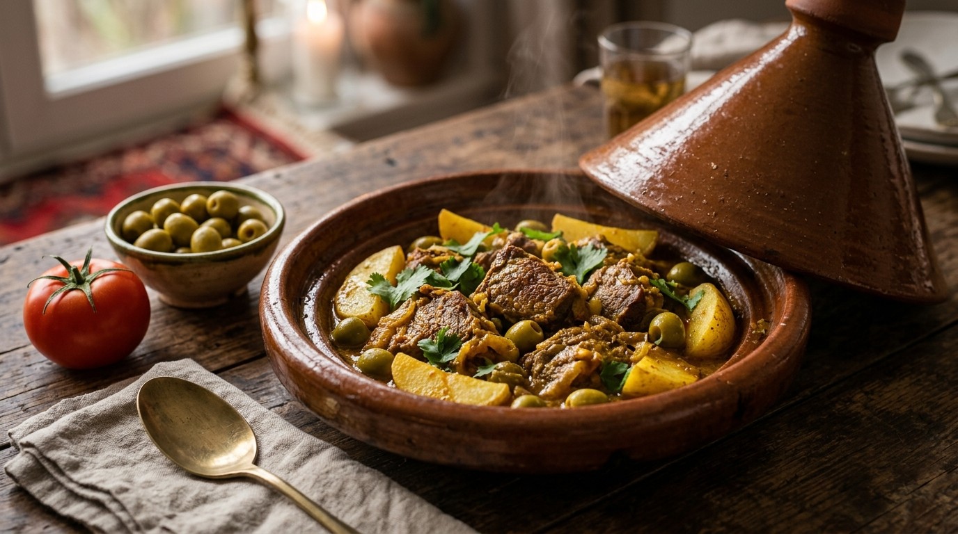 Kalfsvleestajine met aardappelen en olijven