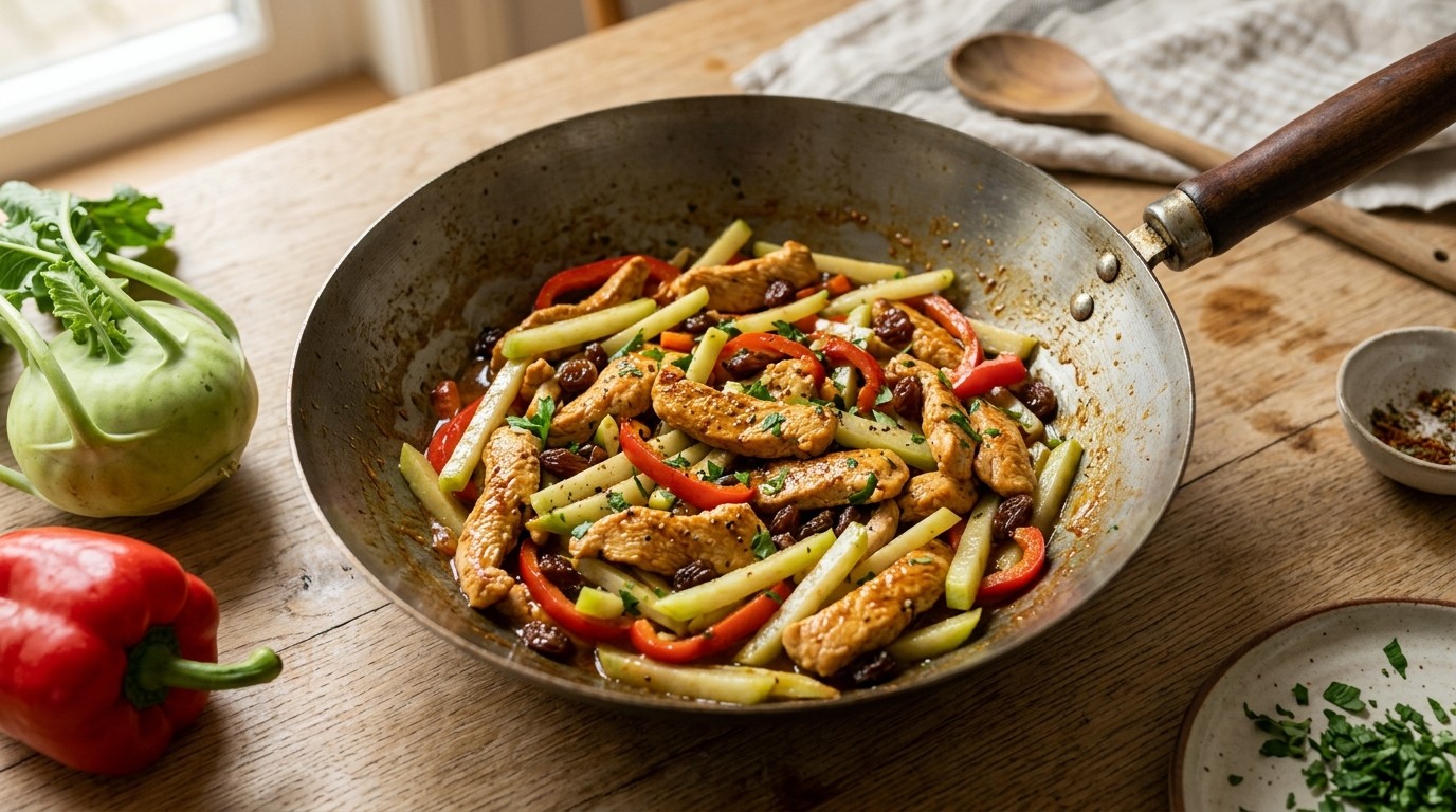 Kalkoen met paprika en koolrabi in de wok