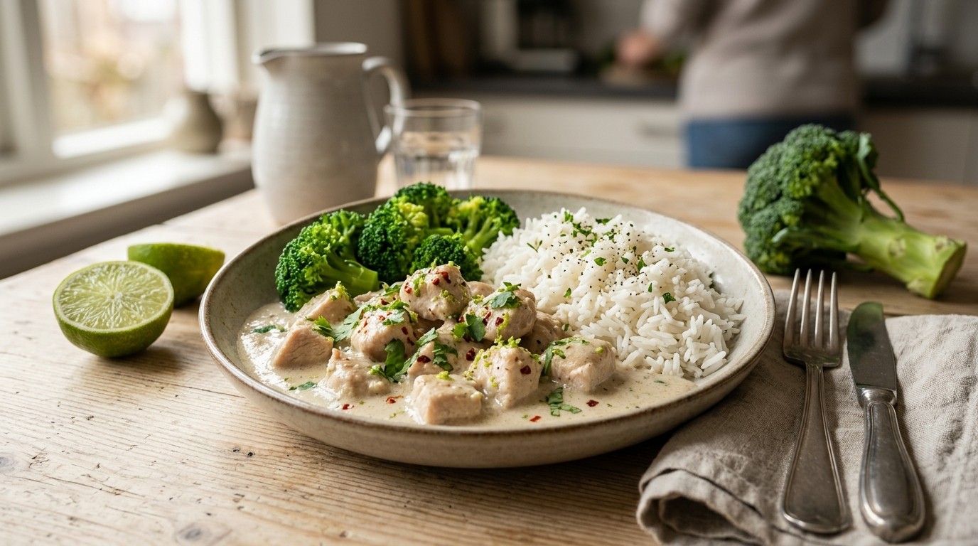 Kalkoenfilet in kokoslimoensaus met witte rijst en broccoli
