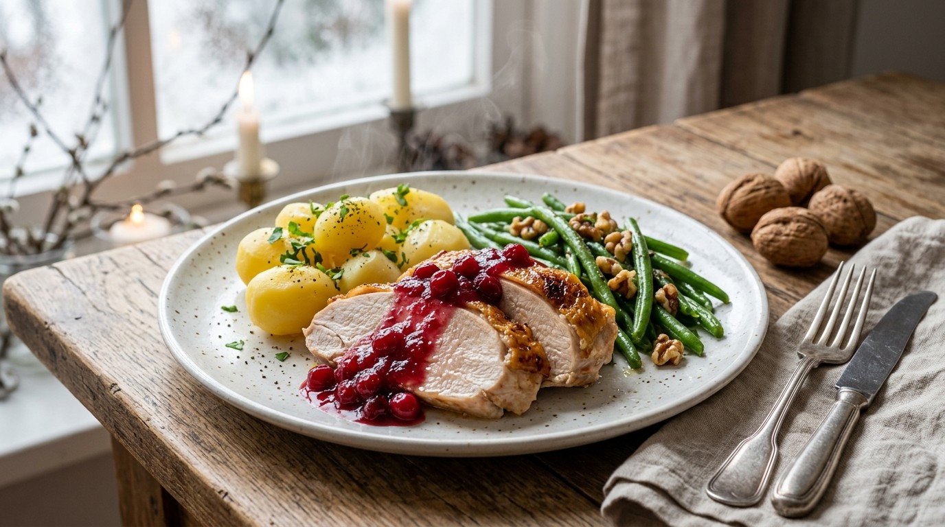 Kalkoenfilet met Cranberrysaus en Aardappelen met Sperziebonen