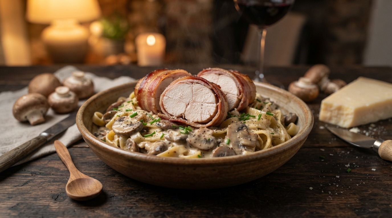 Kalkoenfilet met katenspek en Italiaanse kaassaus