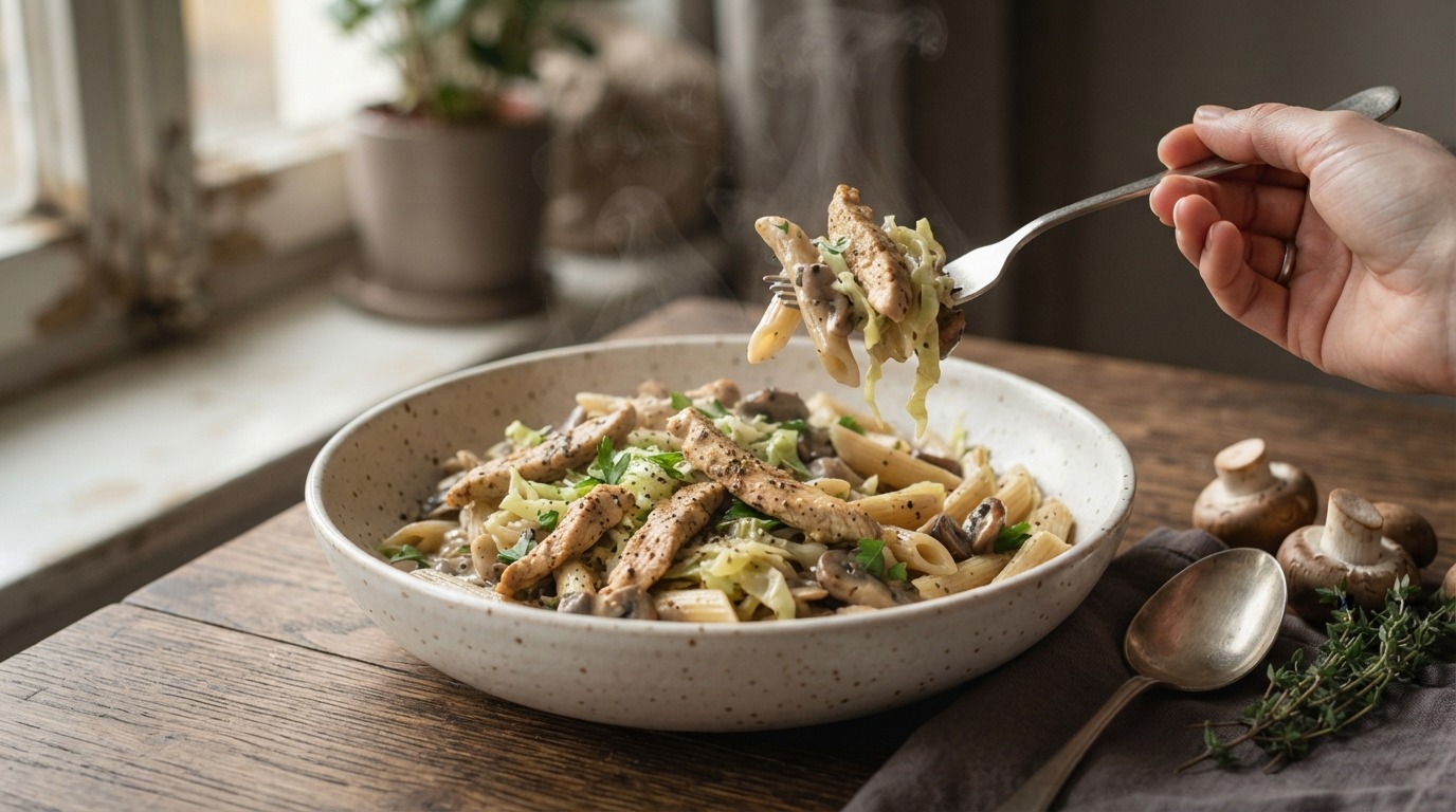Kalkoenfilet met spitskool en penne