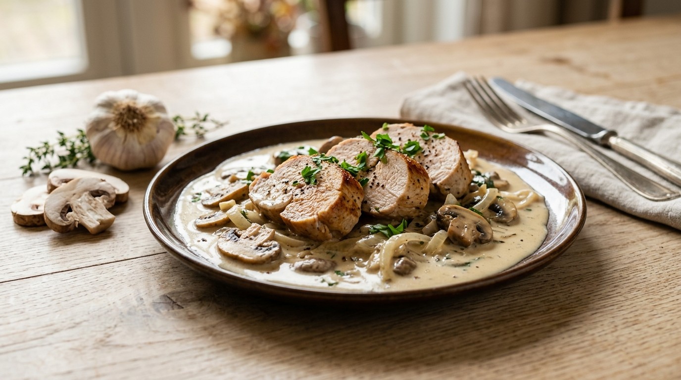 Kalkoenhaasjes in Zure Roomsaus met Champignons