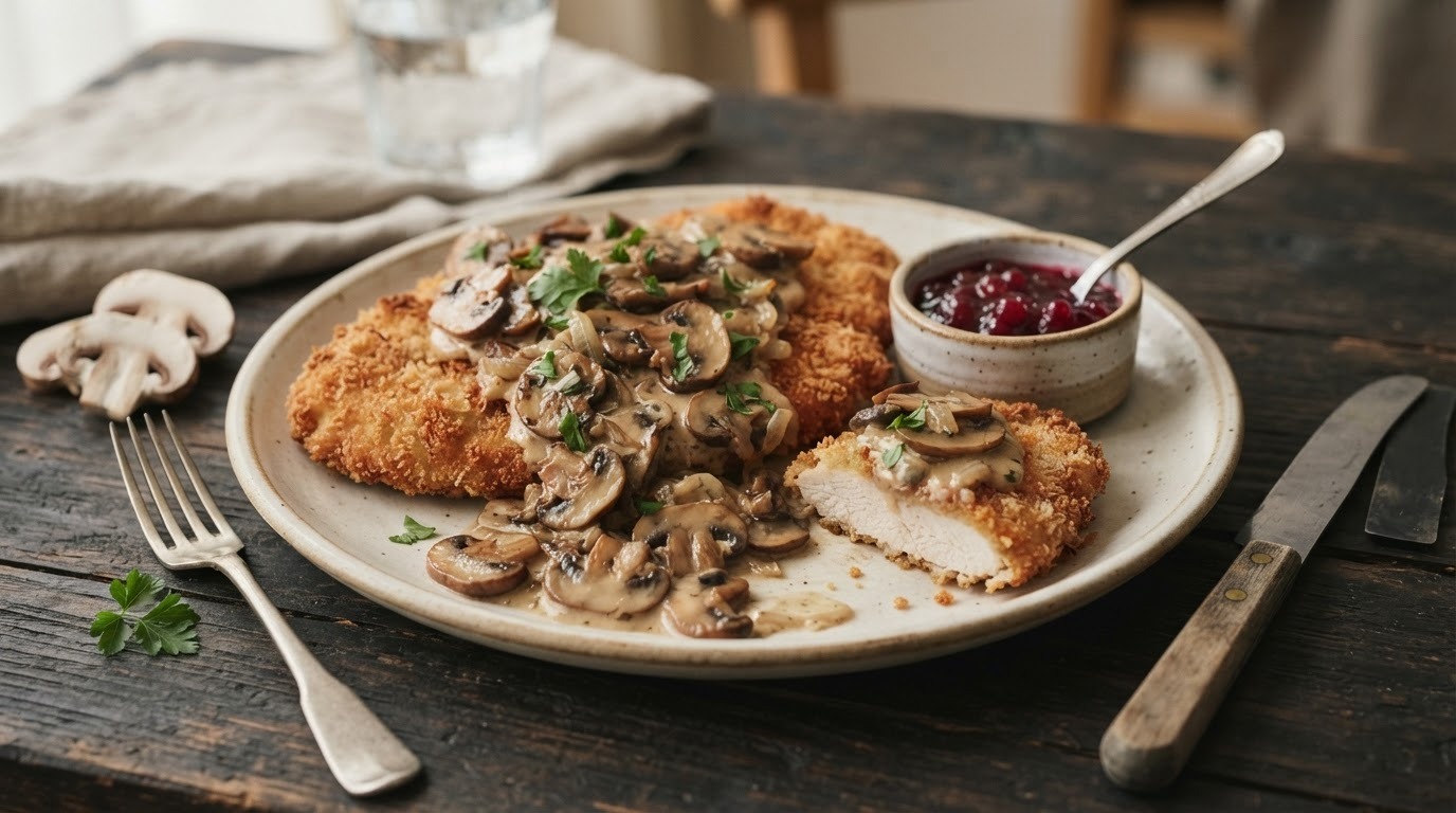 Kalkoenschnitzels met champignonssaus