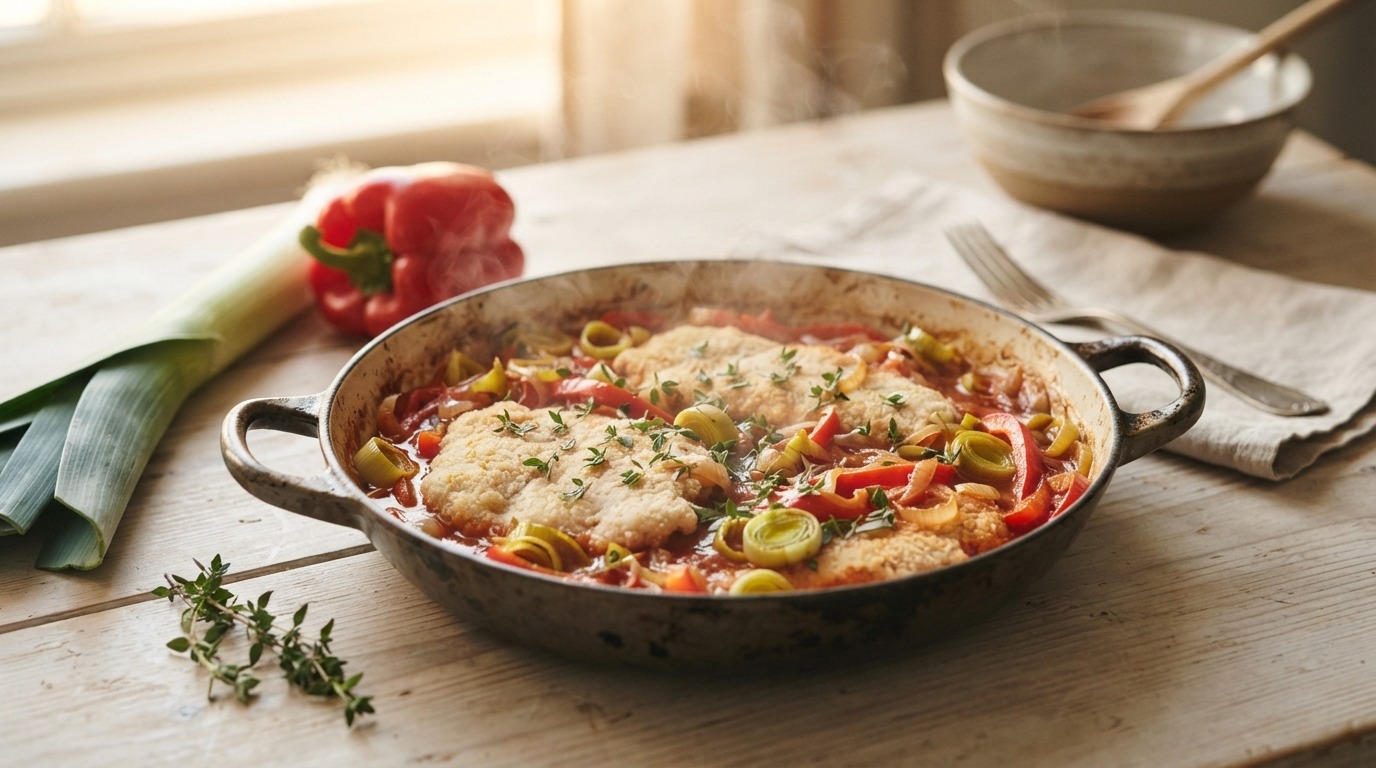 Kalkoenschnitzels met prei en paprika