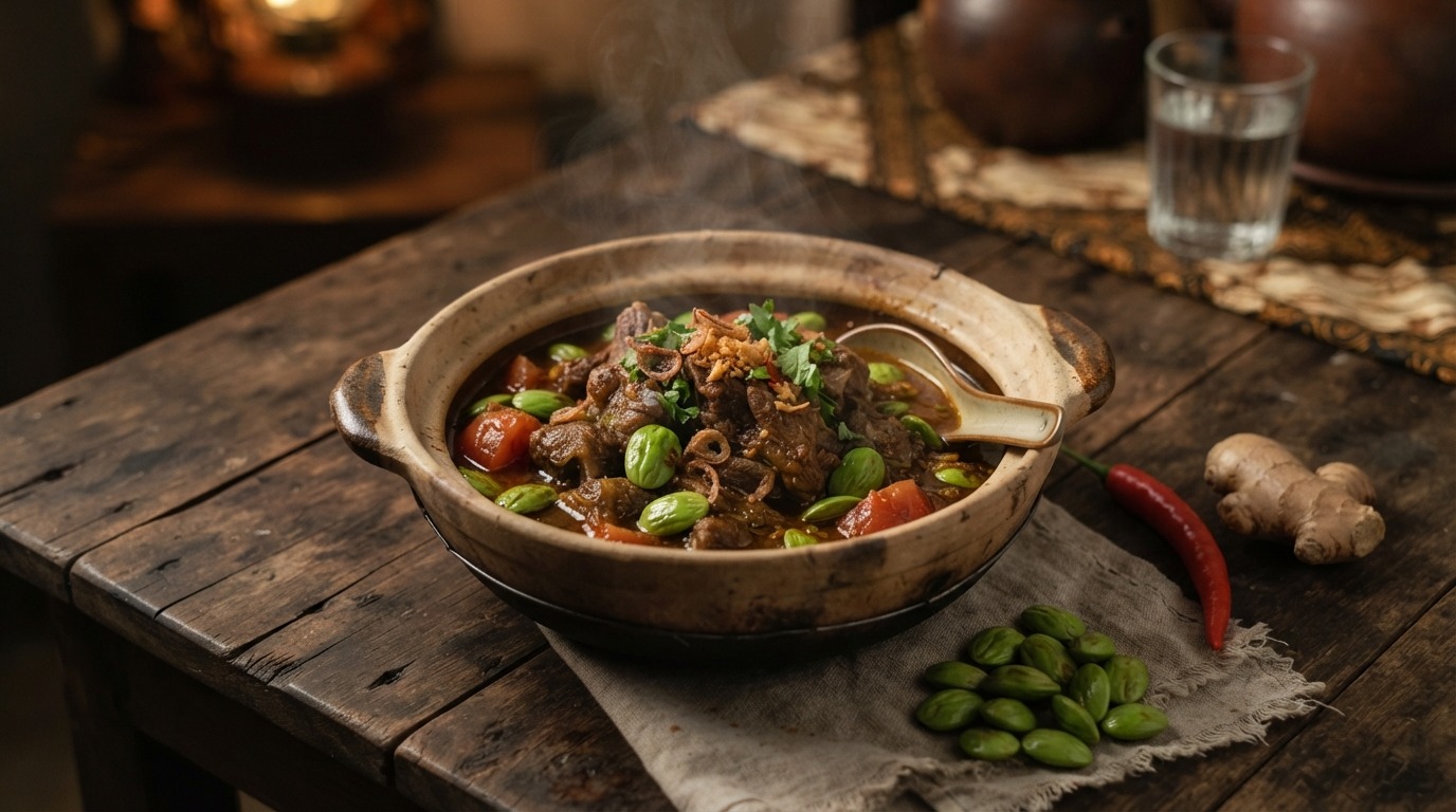 Kambing masak peteh (gestoofd geiten vlees in pittige saus)