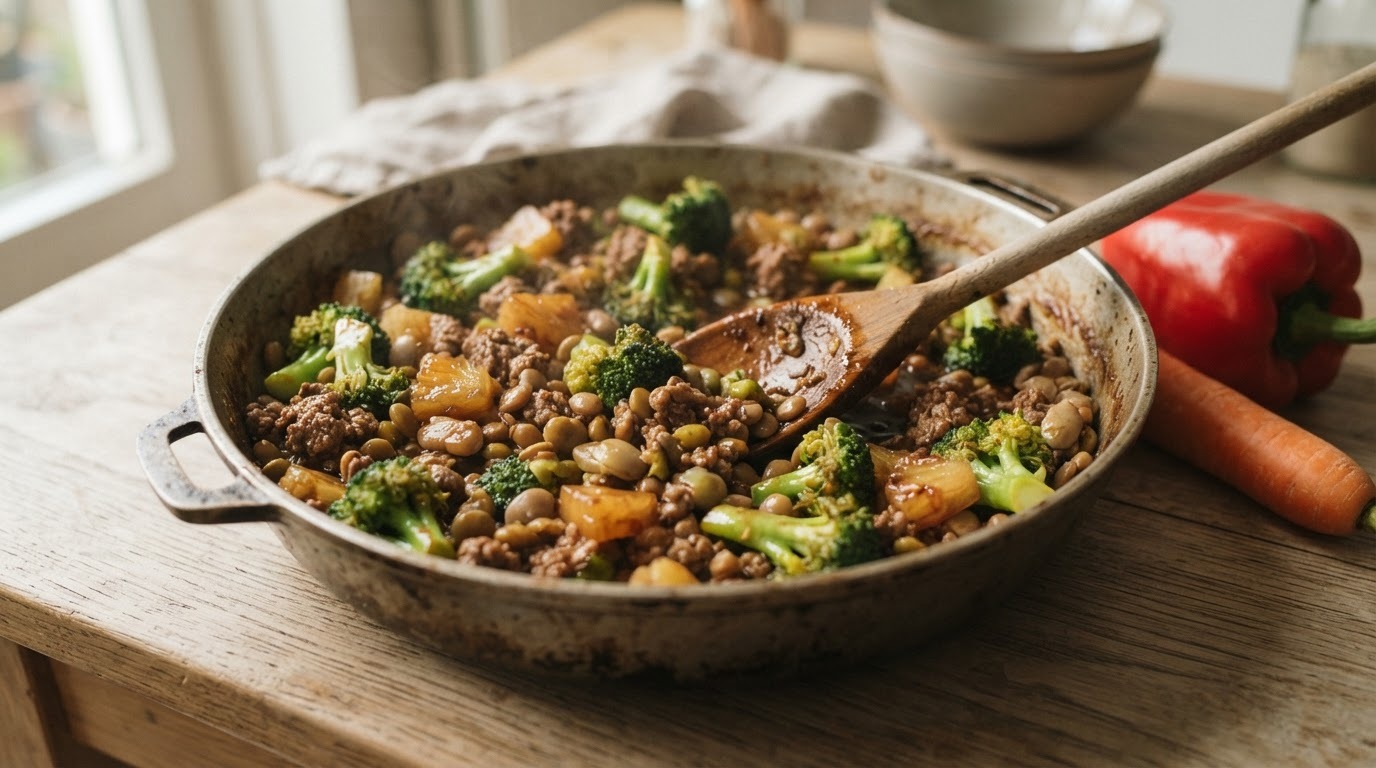 Kapucijners met gehakt, broccoli en ananas
