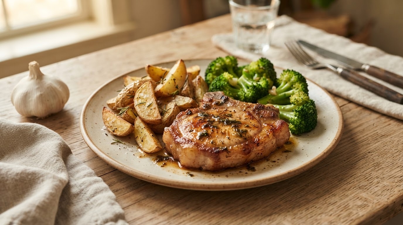 Karbonade met geroosterde aardappelen en broccoli