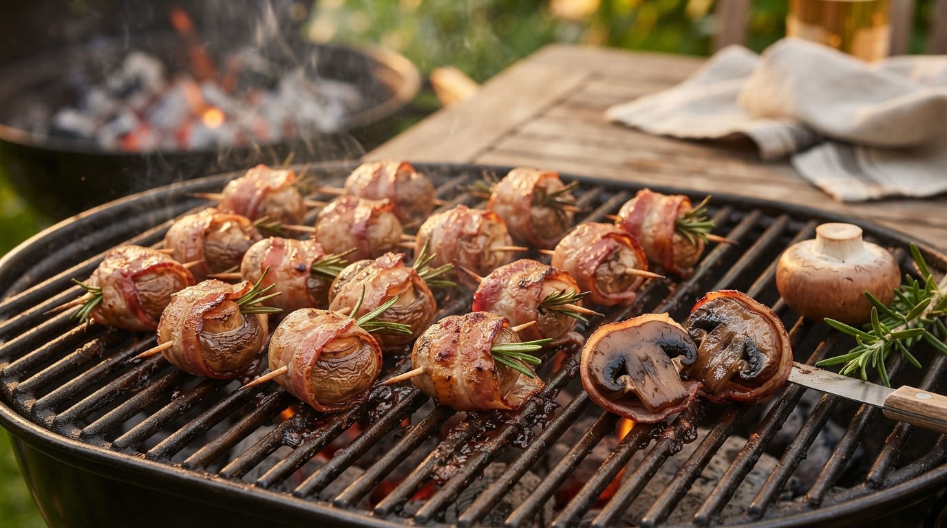 Kastanjechampignons in een jasje op de bbq