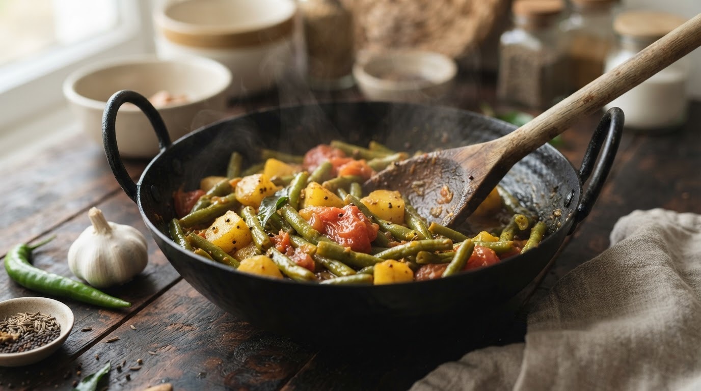 Kerrie sperziebonen met aardappelen en tomaat