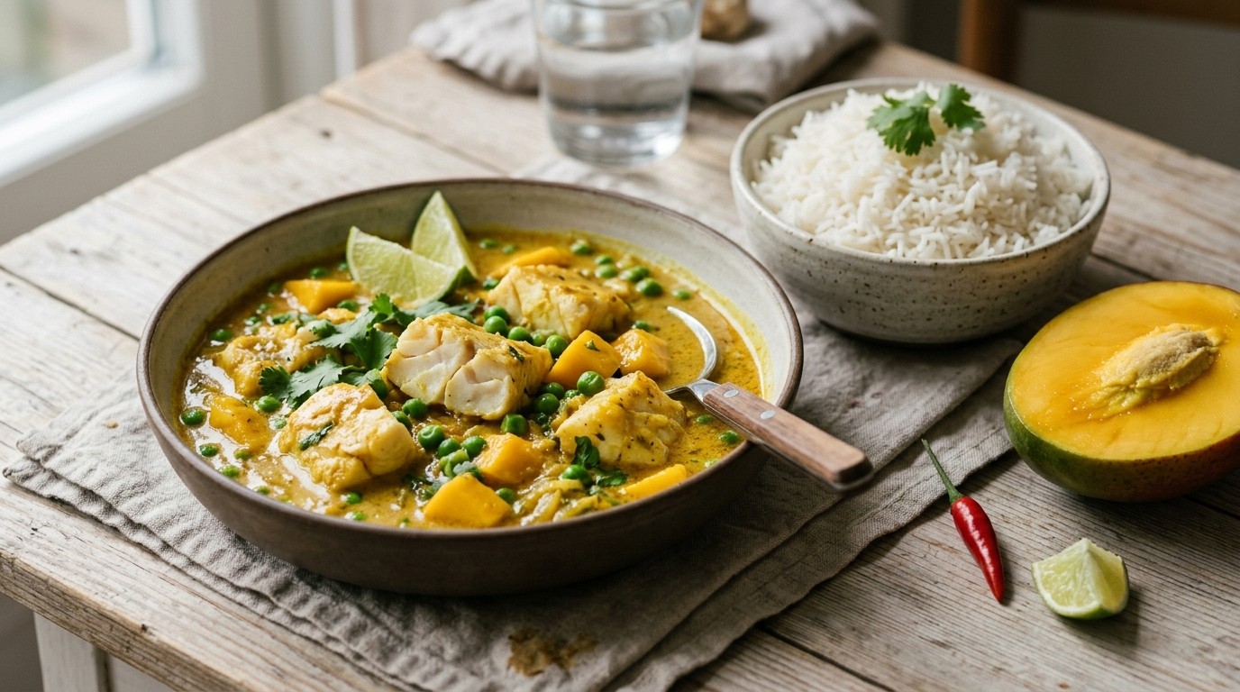 Kerrie-visschotel met mango
