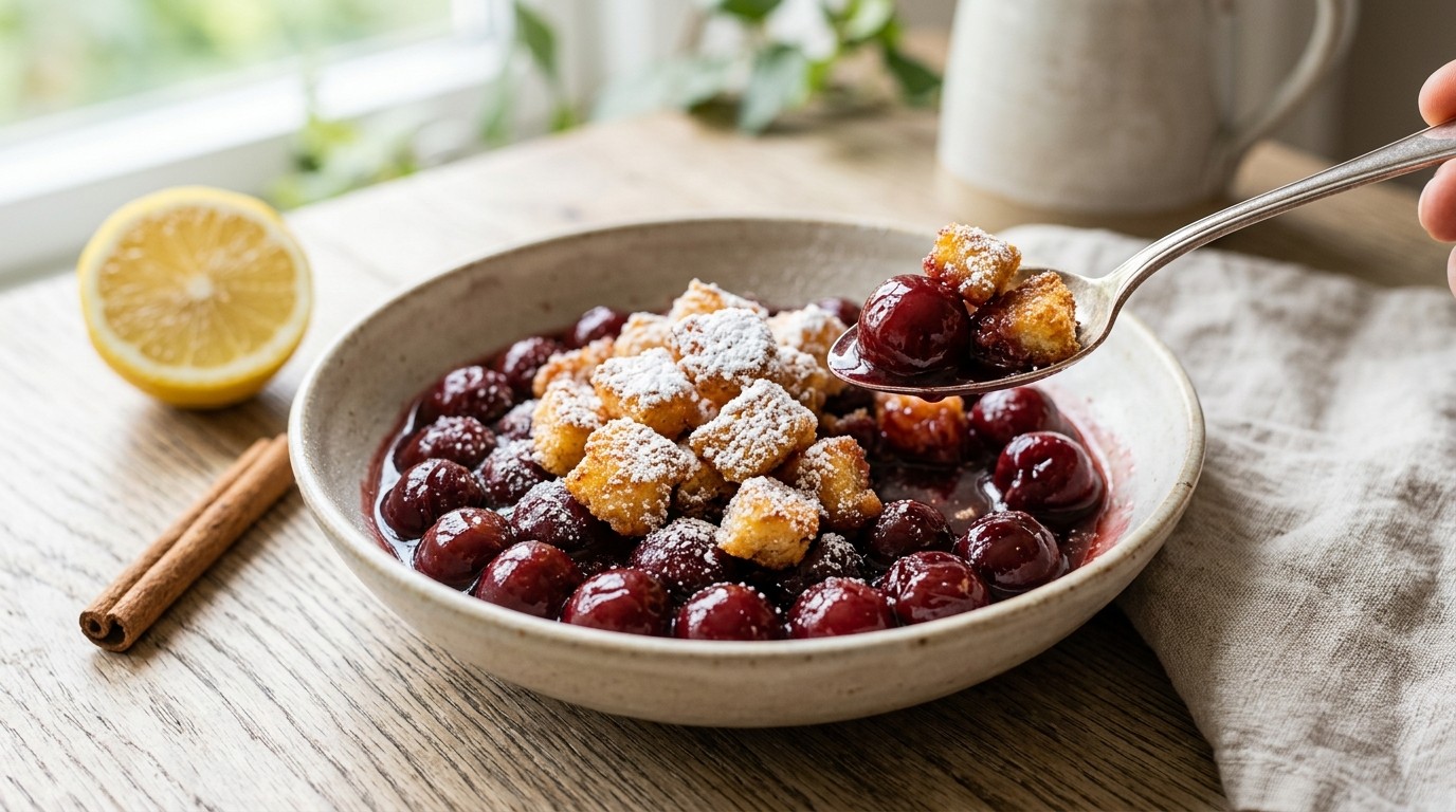 Kersen met kwarkcroutons