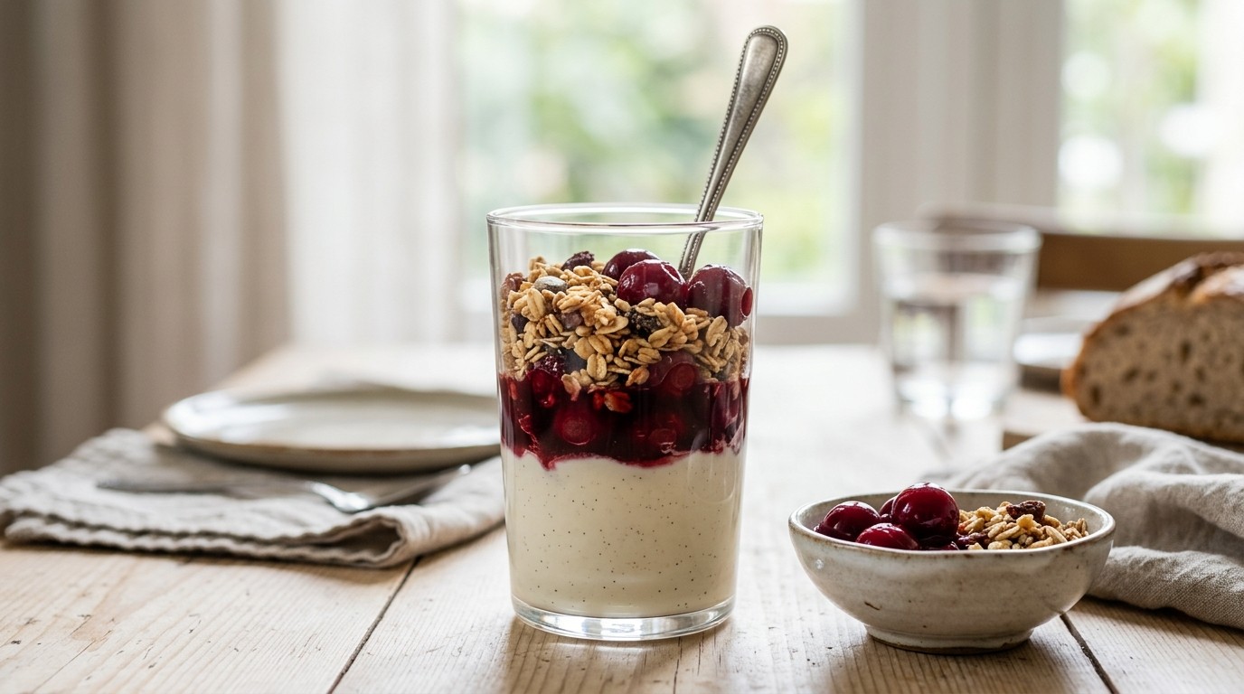 Kersencoupe met krokante muesli