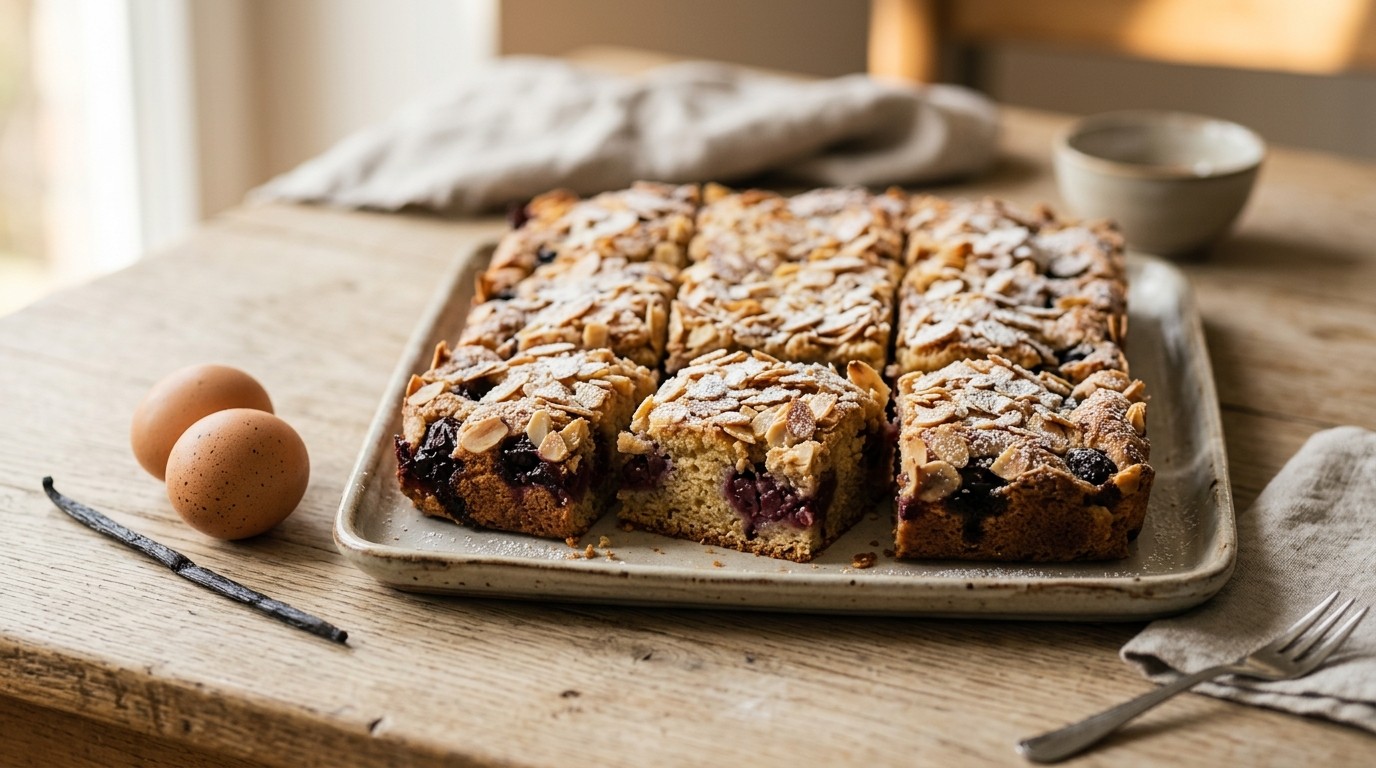 Kersenplaatcake met amandelkorst