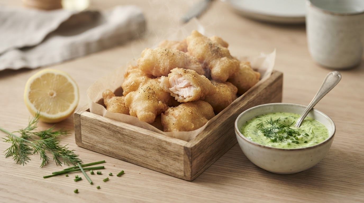 Kibbeling van forel met groene kruidenmayonaise
