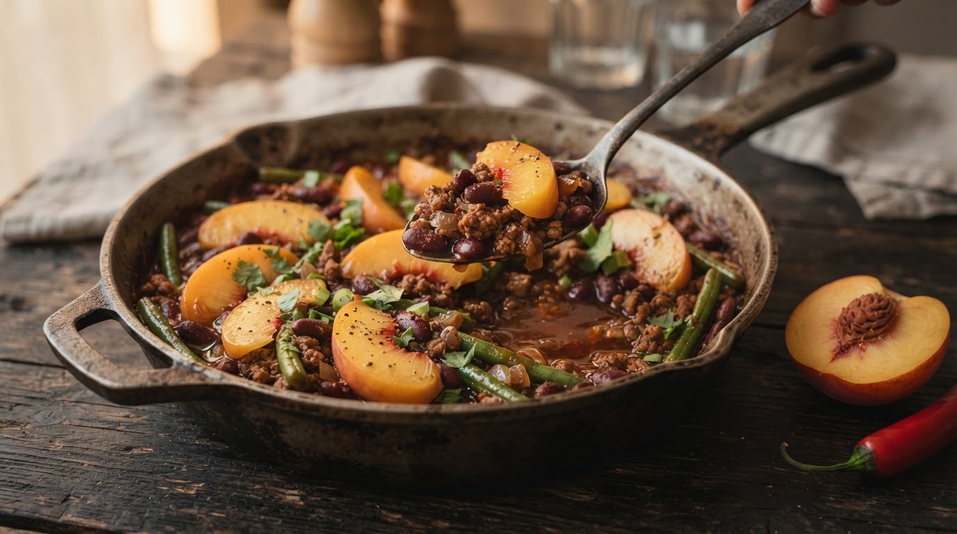 Kidneybonen met gehakt en perzik