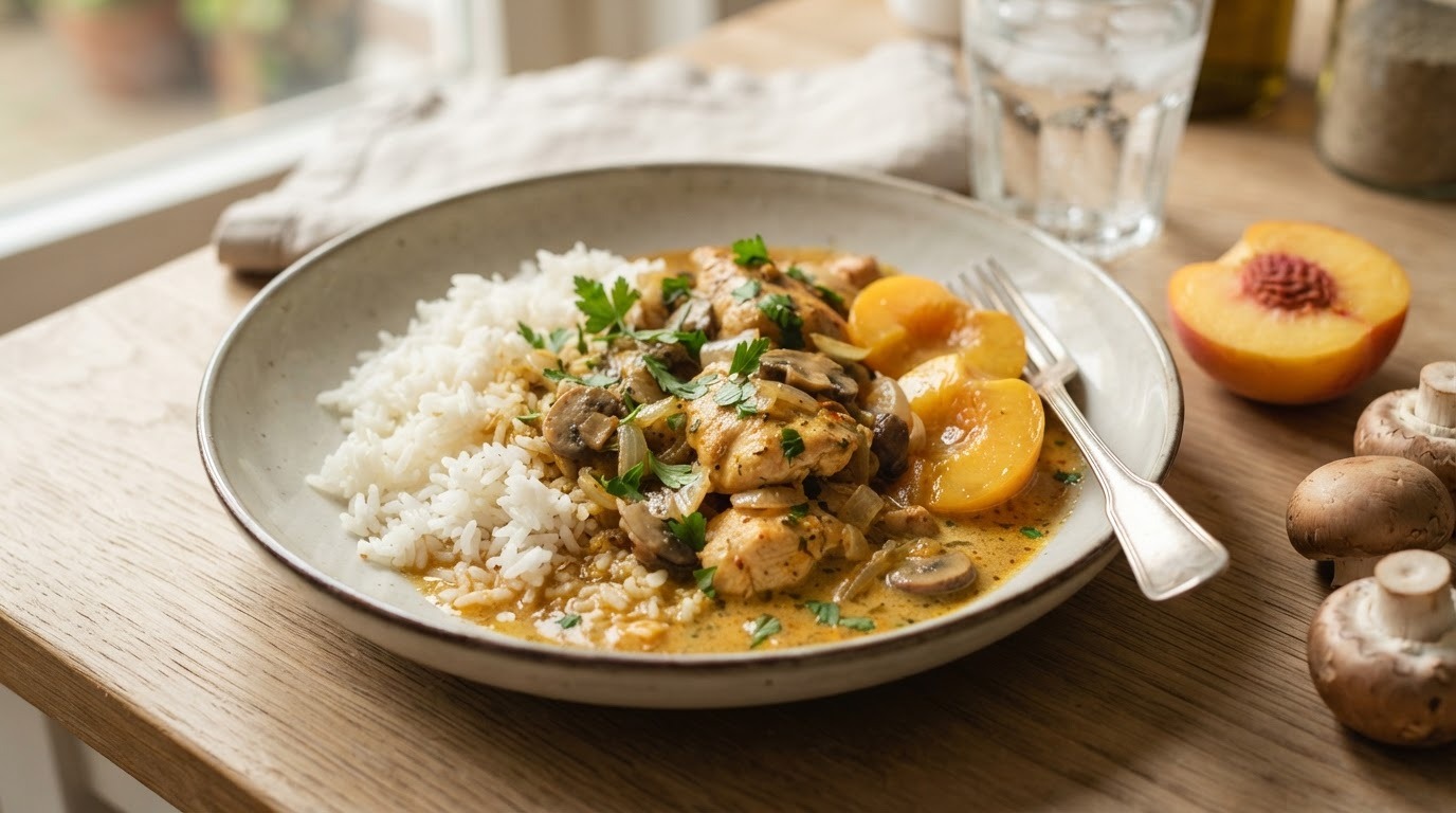 Kip kerrie champignons met rijst