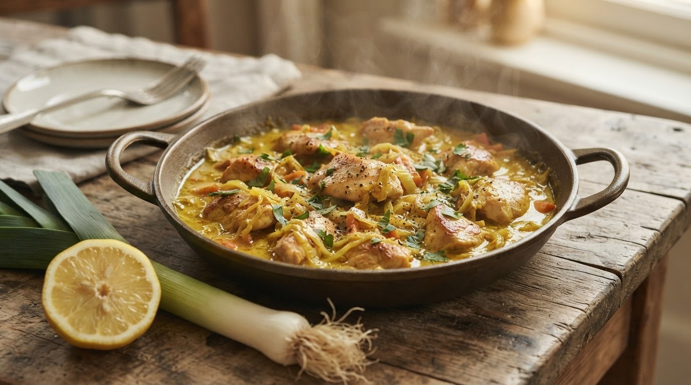 Kip met curry en verfijnde prei