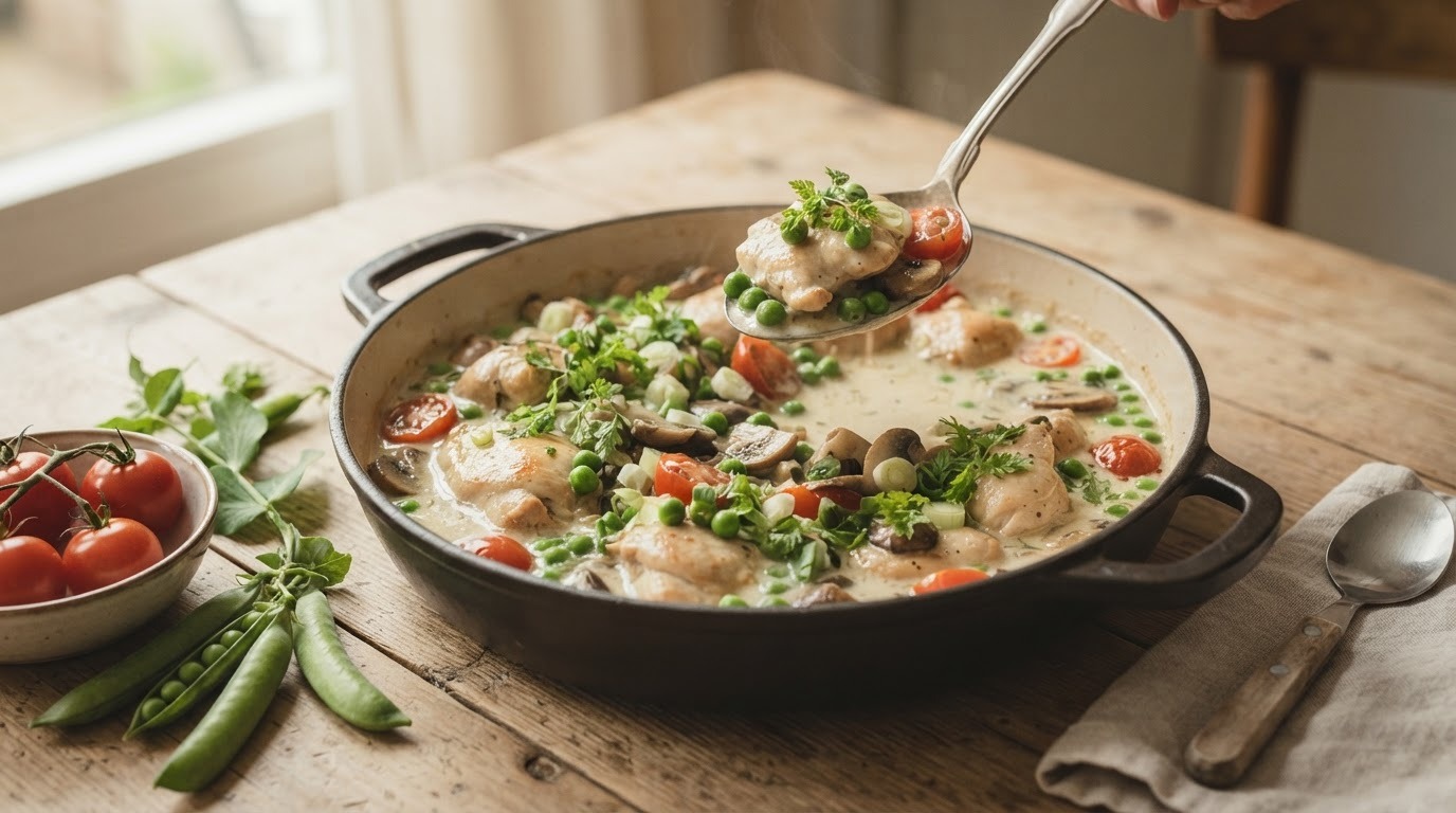 Kip met doperwten en champignons